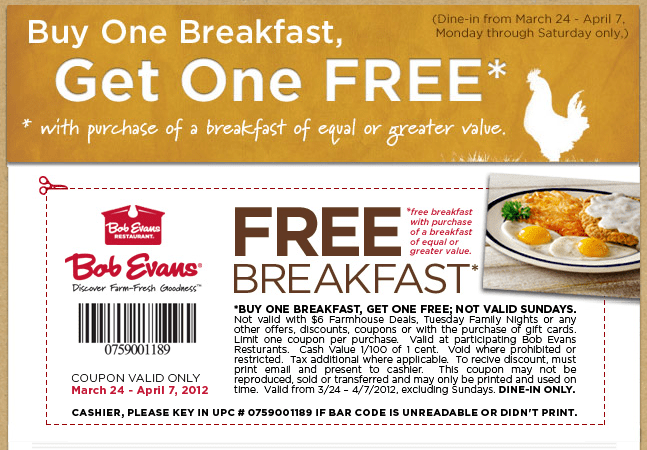Bob Evans Buy One Breakfast Get One FREE Printable Coupon