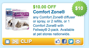 Comfort Zone Diffuser or Spray for Pets Printable Coupon