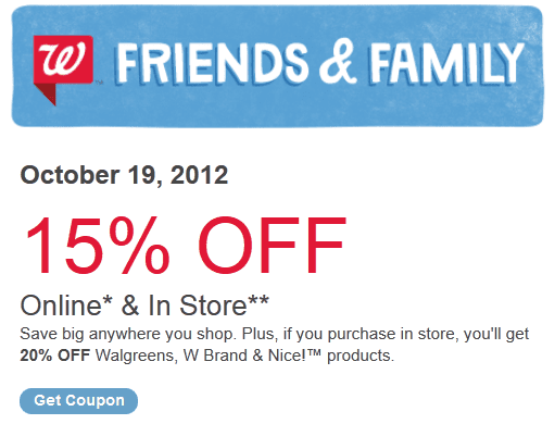 Walgreens Friends & Family Sale – Save 15% – 20% Today Only 10/19/12