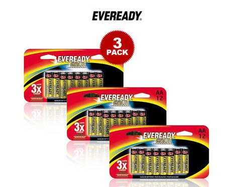 THREE Eveready Gold AA Alkaline Batteries 12 Packs for $19.99