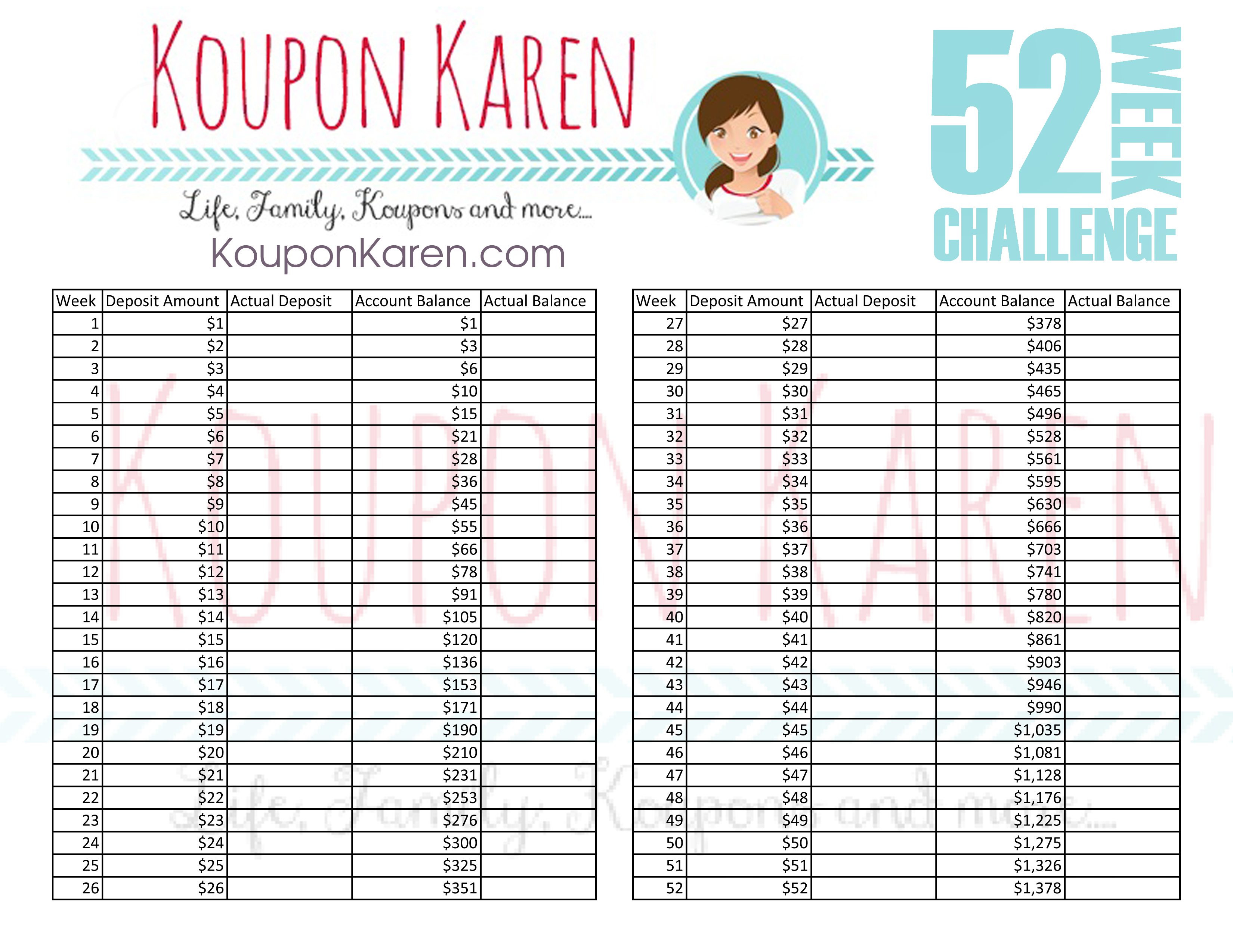 FREE 52 Week Money Saving Challenge Worksheet {Save $1378 in one Year}