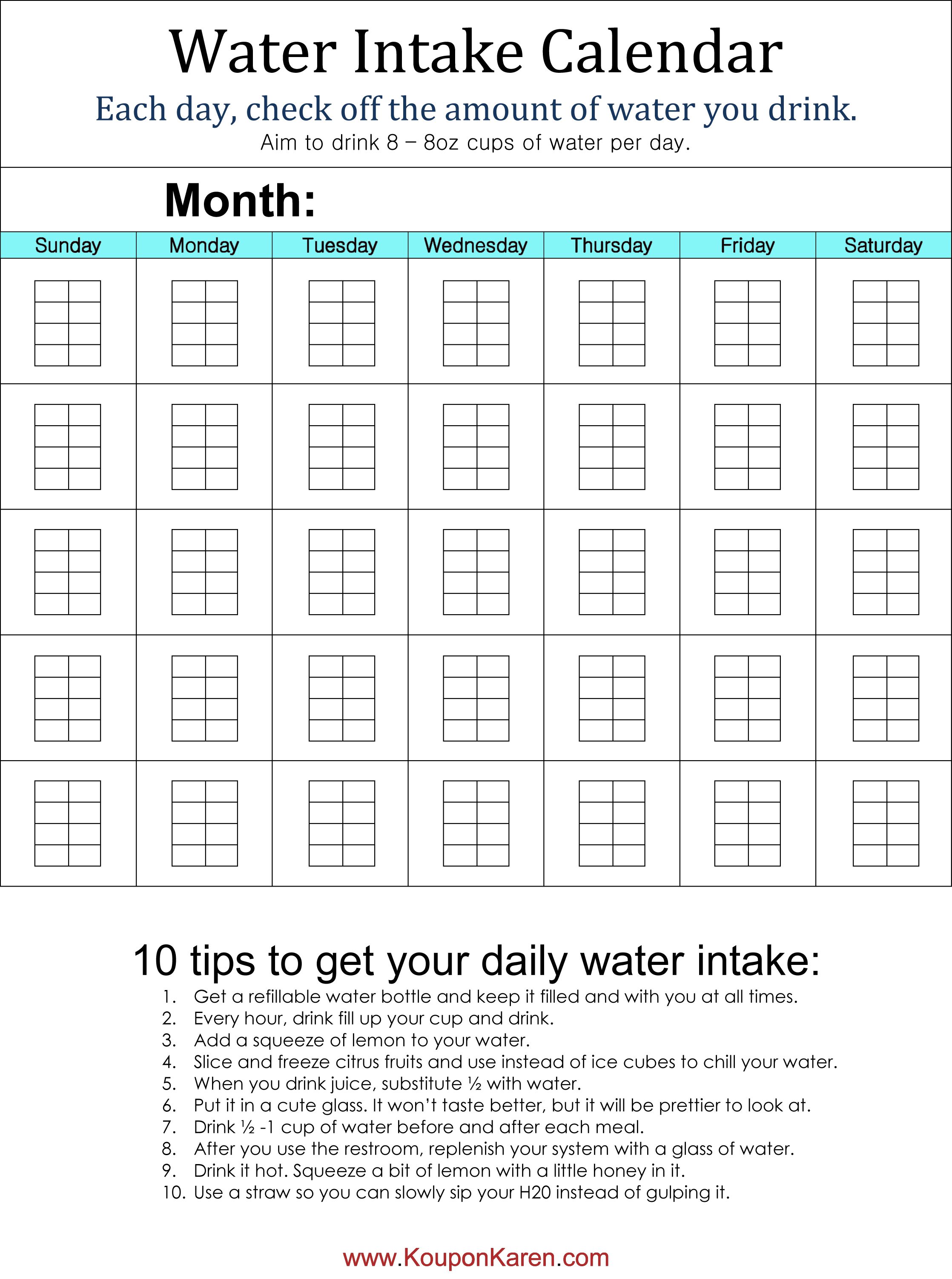 FREE Printable Water Intake Calendar {drink more water in