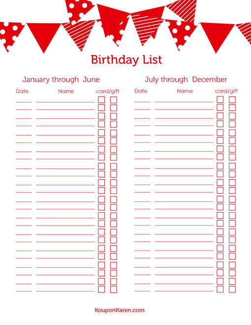 FREE Printable Birthday List {save 50% off Birthday Gifts!}