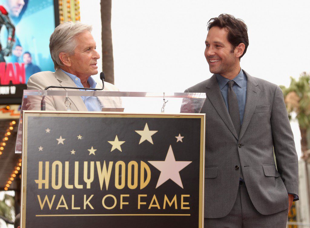 HOLLYWOOD, CA - JULY 01:  Actor Michael Douglas (L) honors actor Paul Rudd with a Star on The Hollywood Walk of Fame on July 1, 2015 in Hollywood, California.  (Photo by Jesse Grant/Getty Images for Disney) *** Local Caption *** Michael Douglas;Paul Rudd