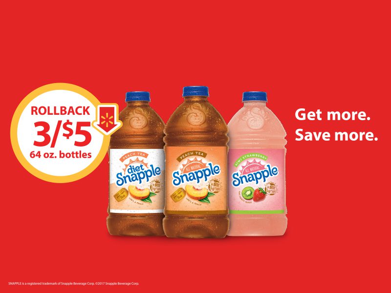 Stock Up on Snapple 64 Oz. Peach, Diet Peach, and Kiwi Strawberry- Buy 3/$5 on Rollback at Walmart