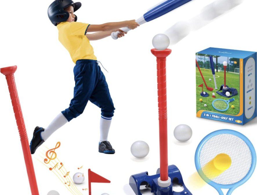 3 in 1 Adjustable T Ball, Golf, Tennis, or Baseball Sets for Toddlers